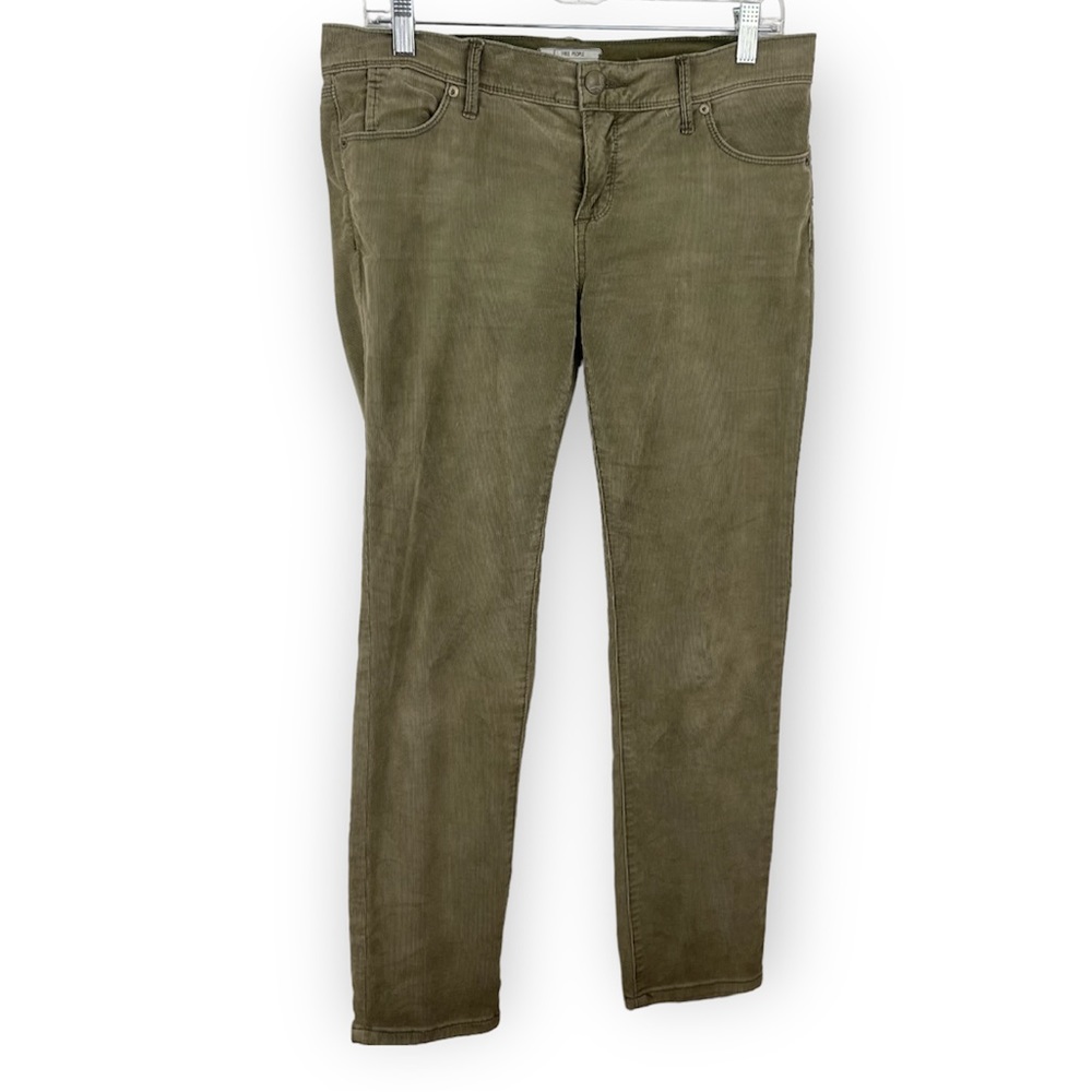 Free People Olive Green Corduroy Jeans Mid Rise Belted Pockets Straight Leg 28